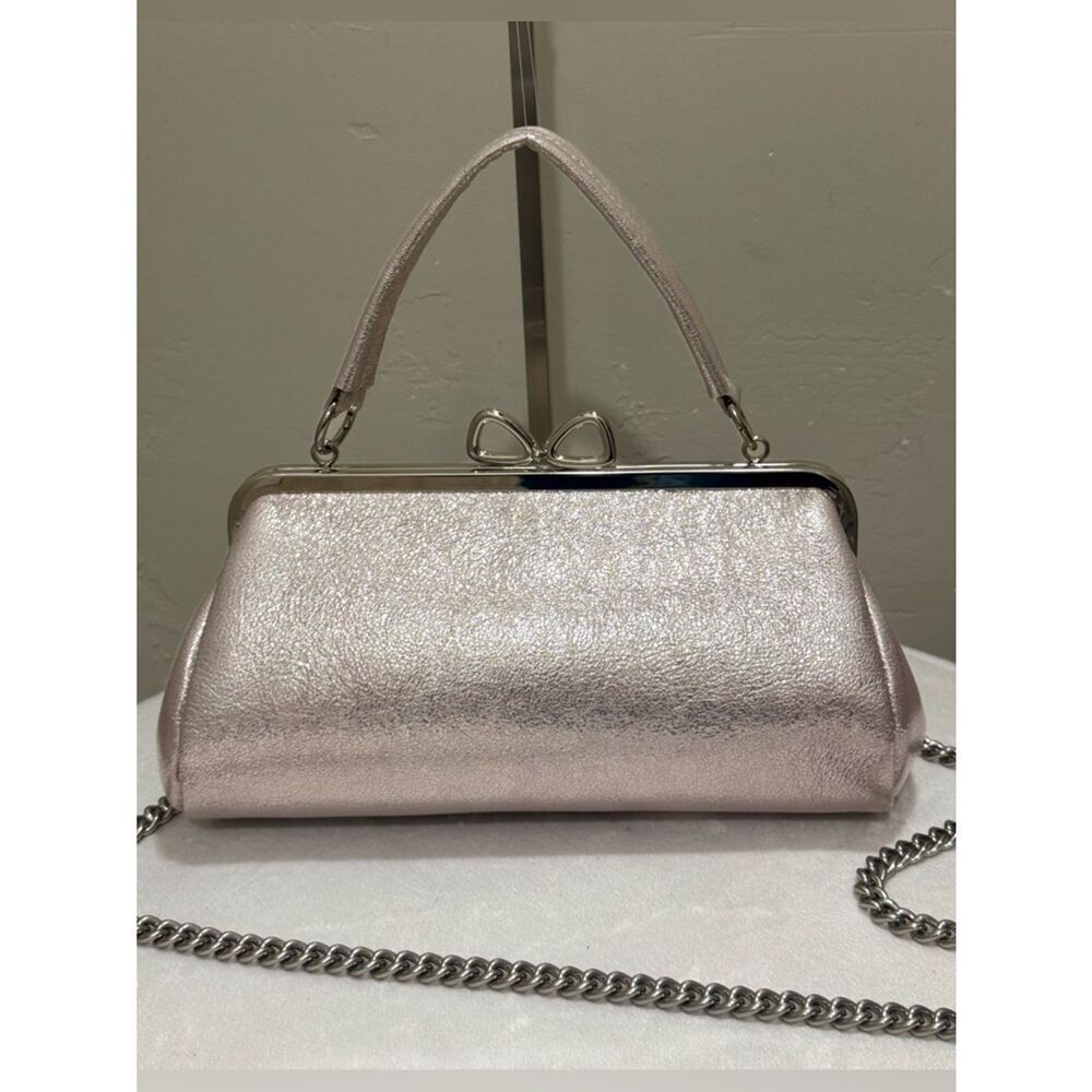 Metallic Pink Genuine Leather Handmade “Bow” Shaped Kisslock Baguette Bag